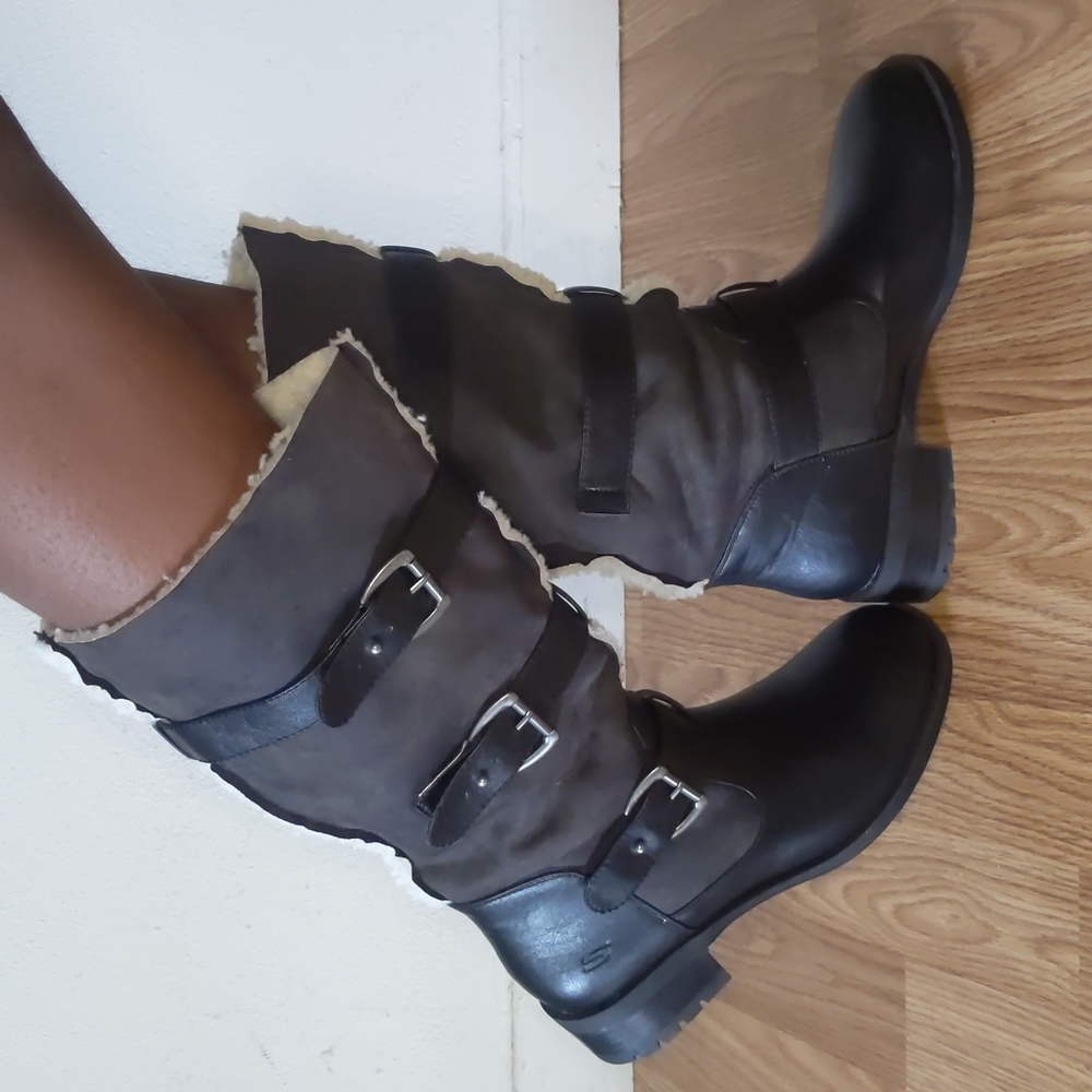 NIB Skechers Black Lunacy Outburst Faux Fur Lining Mid Calf Boots Women Size 8.5